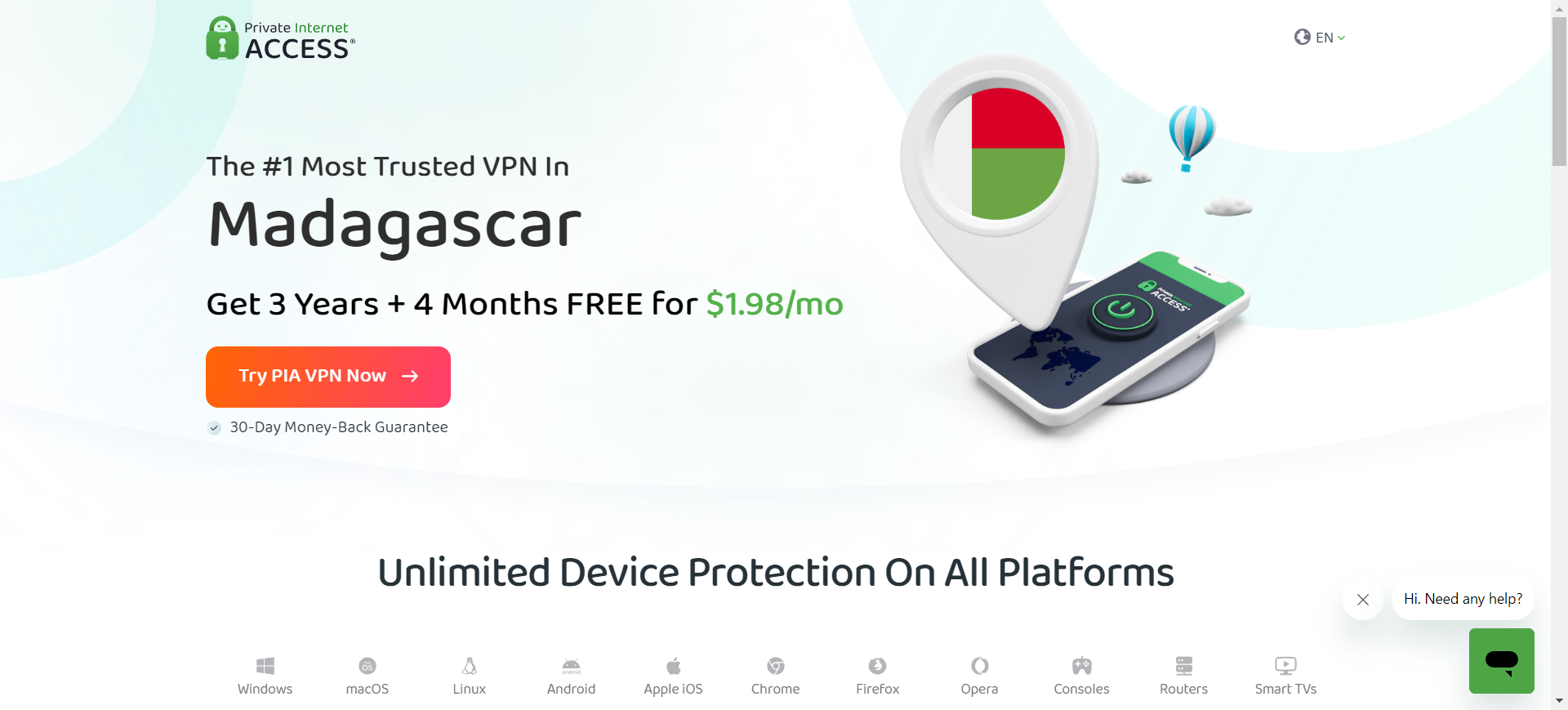 Visual representation of the Private Internet Access website, presenting its advantages and performance.