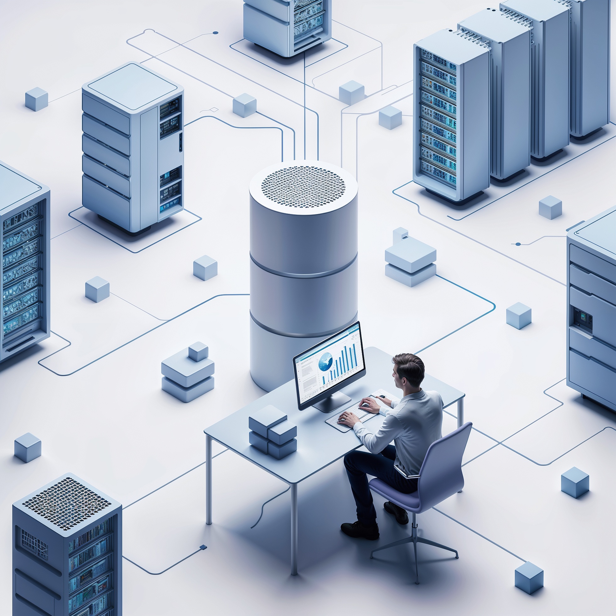 Person working at a desk surrounded by interconnected servers and data storage units, monitoring data analytics on a computer screen. The scene represents a modern data center environment with advanced networking and data management infrastructure.