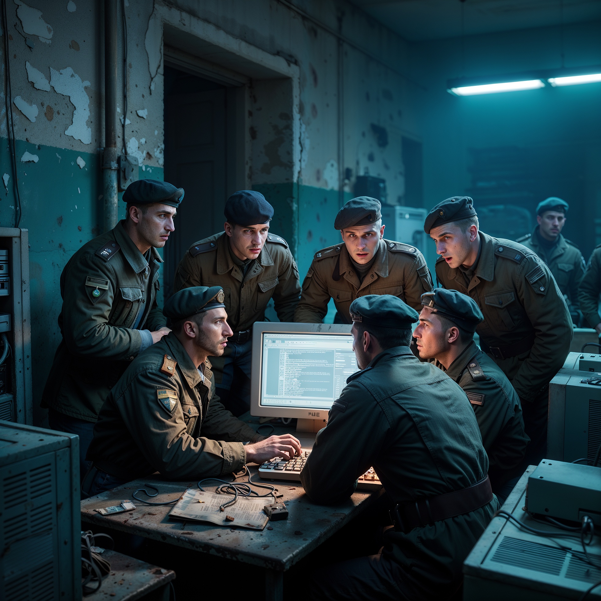 Soldiers in a retro computer room, engaged in discussions amidst old computers and military gear.